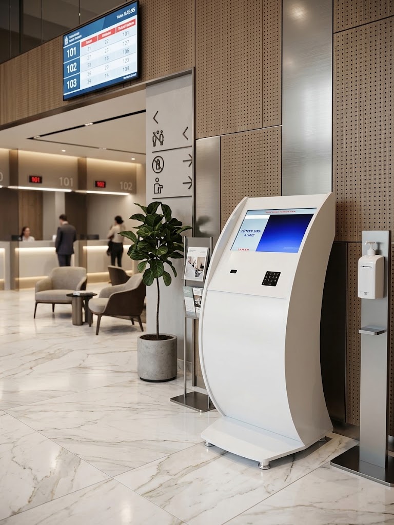Dokunmatik ekranlı, tuş takımlı ve kimlik okuyuculu sıramatik kiosk sistemi